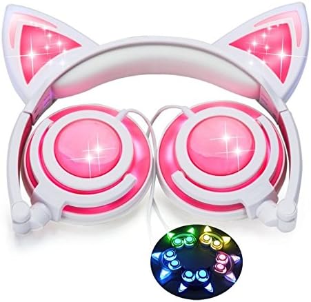 Cat Ear Headphones w/Rechargeable LED Lights - Newest 2019 Version Over Ear Headphones for Girls & Compatible for iPad, Android & Others, Lights Up Cat Ears & Speakers (Pink)