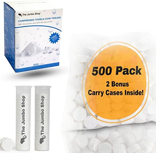 The Jumbo Shop Compressed Coin Tissue with 2 Free Carry Cases for Camping, Hiking, Disaster (SHTF), Survival, Cleaning, Spa, Baby, Travel, Hand Wipes - (500 pk)