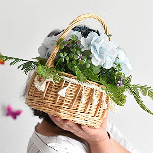 Ladeyi Handmade Classic Flower Girl Basket Natural Burlap with Lace Basket Tassel Portable Flower Basket Flower Basket Flower Basket Flower Decorated for Wedding - Thumbnail 4