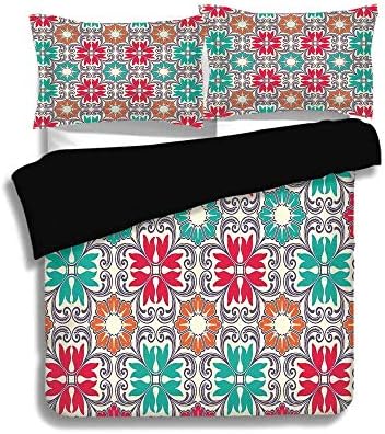 TARTINY Black Duvet Cover Set King Size,Moroccan,Ornamental Illustration of Flowers Blooms Oriental Moroccan Vintage Decoration,Red Green,Decorative 3 Pcs Bedding Set by 2 Pillow Shams