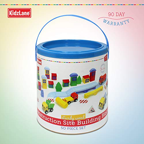 Kidzlane Wooden Construction Site Building Blocks 50 Pc Wood Block