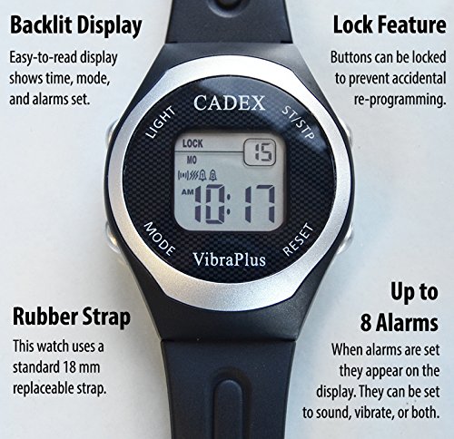Cadex VibraPlus Sport – 8 Alarm Reminder Watch with Vibrating/Beep Notifications – Rubber Sport Band