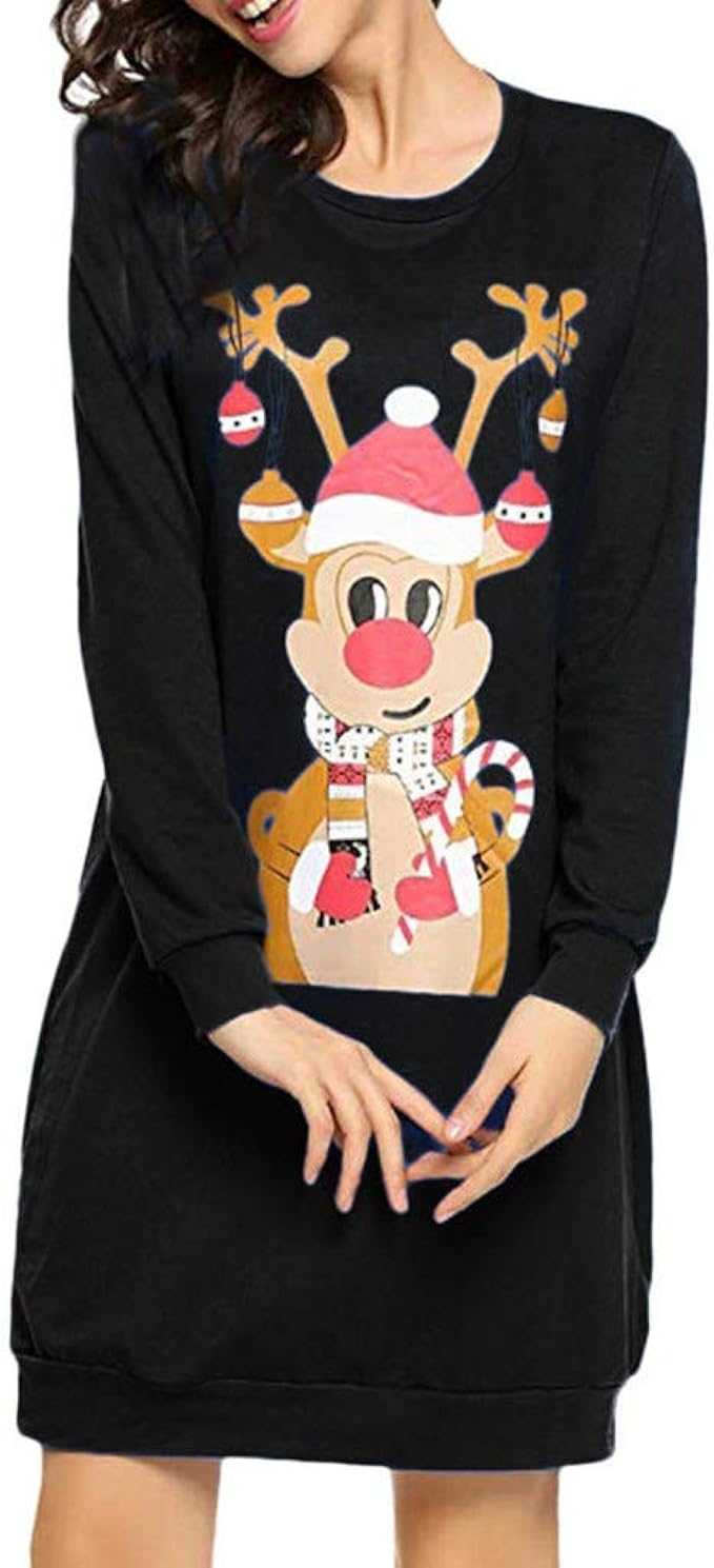 Amazon Co Jp Christmas クリスマス 可愛いレディースドレス Bobogojp女性用長袖漫画動物プリントワンピースシンプル 安い 秋冬 やさしい 可愛い 上品な日常普段着お出かけ日韓風ファッションs 3ｘｌ多色展開ゆったり きれいめ お出かけ 服 ファッション小物