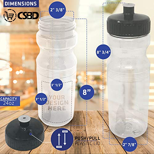 CSBD Blank 24 oz Sports and Fitness Water Bottles, BPA Free, PET Plastic, Made in USA, Bulk, 10 Pack (24 Ounces, Clear/Black)