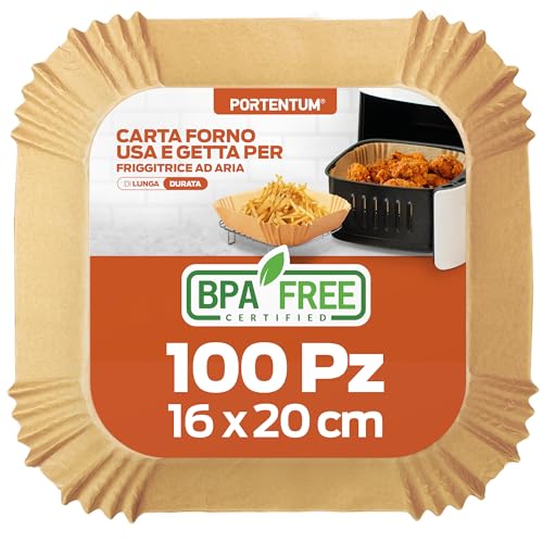 PORTENTUM Carta forno per friggitrice ad aria 100 unità da 16-20 cm Quadrata. Adatto al Forno, da 3,5 a 6 litri. Carta Air Fryer certificata per uso alimentare BPA Free, FDA e LFGB