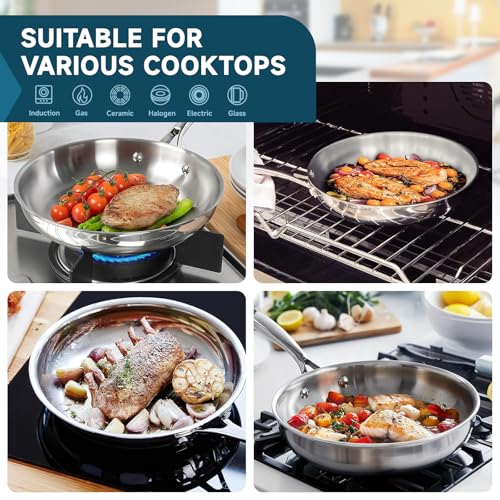 KoolShiro 3PCS Stainless Steel Frying Pan for Searing & Sauteing, 3 Ply Cookware for Durability & Even Heating, Compatible with All Cooktops Up to 600℉