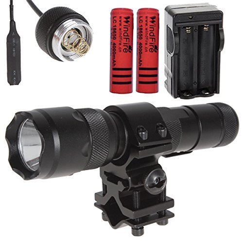 WindFire Wf-502b Cree Xm-l2 T6 LED 1000 Lumens 1 Mode Tactical Flashlight with Pressure Tail Switch, Rail Barrel Mount ,18650 Rechargeable Batteries and AC Charger A Completed Hunting set