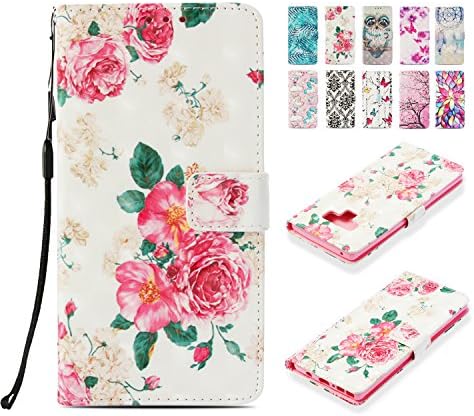 Universecase Samsung Galaxy Note 9 Leather Wallet Case White Floral 3D Painted Book Style with Kickstand Function Magnetic Flip Case 360 degrees Protective Skin Cover