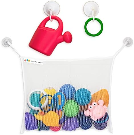 Hello Little Monsters Bath Tub Organizer - Keep Baby Toys Dry and without Mold - The mesh bag is easy to install and durable - Toys holder - 2x Extra Suction Cups with Hooks