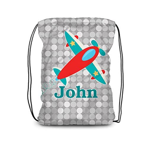 Airplane Drawstring Backpack Gray Turquoise Red Airplane