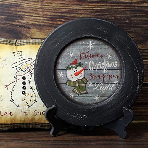 CVHOMEDECO. Snowman Welcome Christmas Decorative Plate Rustic Distressed Round Display Wooden Plate Home Décor Art, 10-3/4 Inch - Thumbnail 2