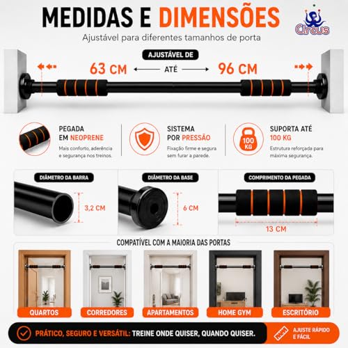 Barra Fixa De Porta Ajustável 63 a 96 cm Para Exercícios, Flexão, Musculação e Calistenia Aço Reforçado Suporta até 100 kg [ K-SELL IMPORTS ]