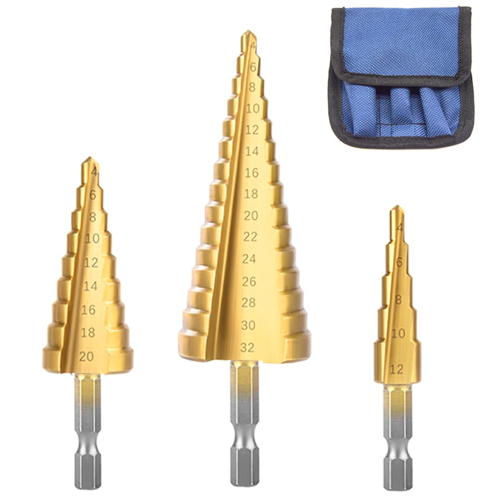 Hocansen 3 Pcs Step Cone Drill Bits Counter Sink Drill Bits High Speed Steel Step Drill Bit Hex Shank Spiral Grooved Bit for Plastic, Wood Drilling（4-12mm/20mm/32mm）