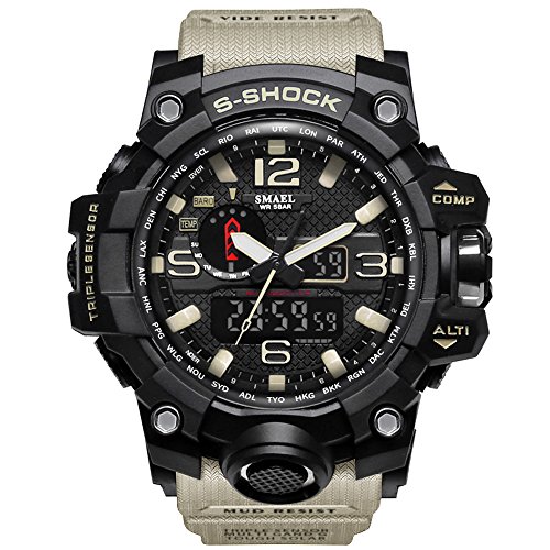 SMAEL Men s Sports Analog Digtal Wrist Watch Dual Quartz Movement Military Time Water Resistant with Backlight (Beige)