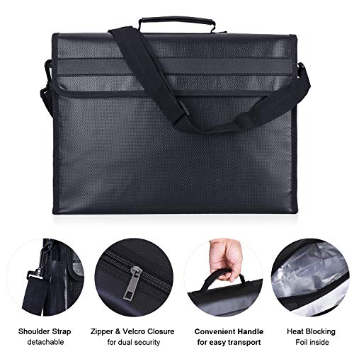 SPLF Fireproof and Waterproof Document Bag, Fire Proof Safe Box for Important Document Organizer Storage, Messenger Bag Briefcase with Zipper Shoulder Strap for Men & Women, Black