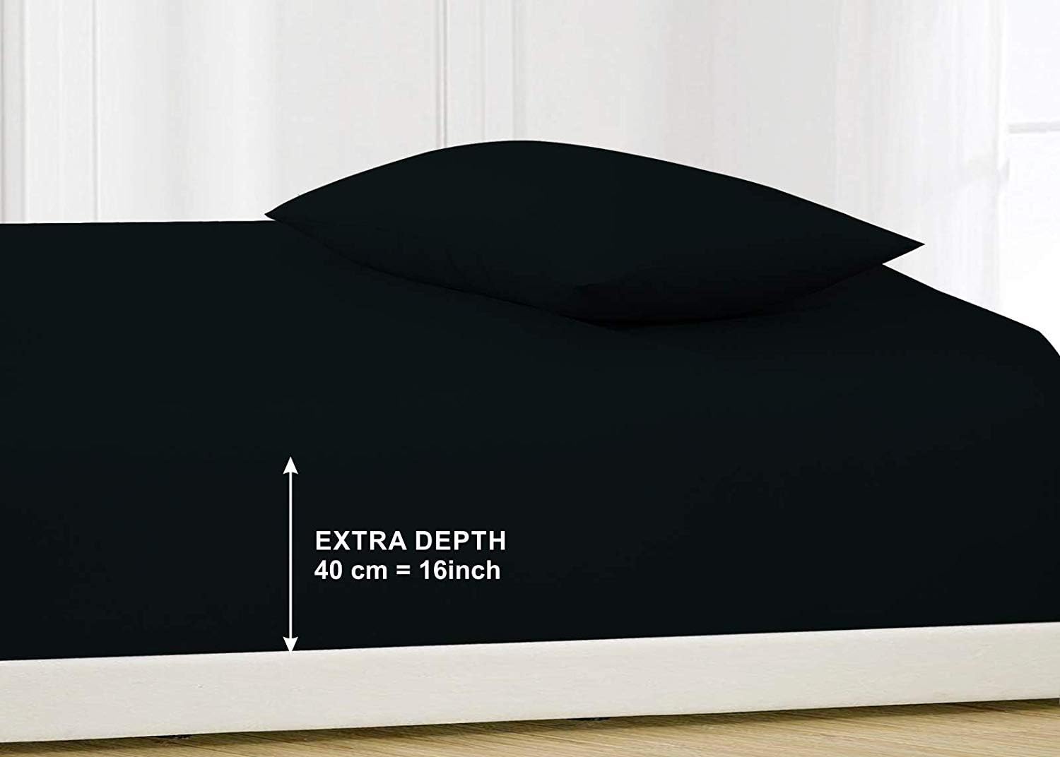 Thread Linen Extra Deep Fitted Sheets 16"/40CM Deep Non Iron Percale Pollycotton Bedsheets (Black, Pillow Pair)
