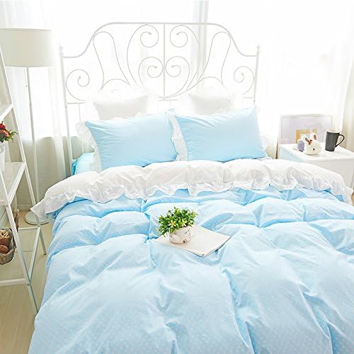 Sisbay Little Princess Bedding Blue White Polka Dot Falbala,Kids Duvet Cover Heart Print,Baby Girls Wedding Bed Skirt Cotton Queen Size,4pcs