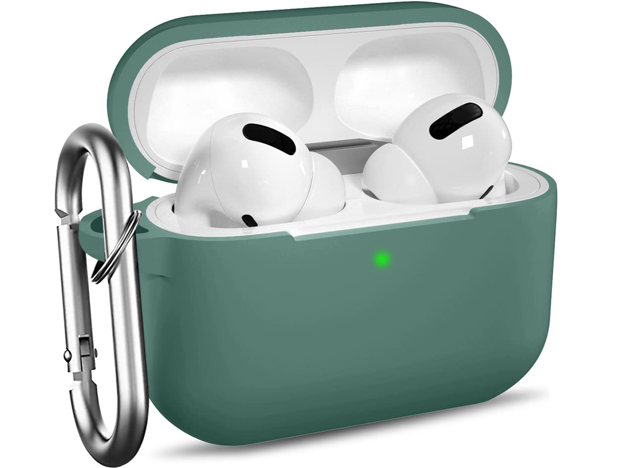 Ouwegaga Compatible with AirPods Pro Case - Shockproof Protective Silicone Skin Case Cover [Front LED Visible] with Carabiner Compatible for AirPods Pro - Pinegreen