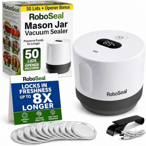 Roboseal Electric Mason Jar Vacuum Sealer Kit with 50 Lids, Jar Opener