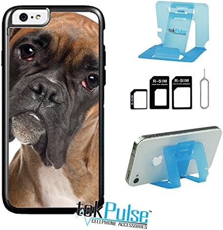 TekPulse (tm) Adorable Sad Boxer Dog Real Leather TPU Back Cell Phone Case &amp; Nano Sim Card Adapter &amp; Collapsible Cell Phone Stand - [Bundle Pack, 3 pcs] - Direct Print Technology