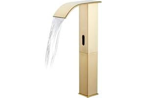 CDLODIN Touchless Bathroom Faucet, Automatic Sensor Bathroom Sink Tall Body Gold Faucet with Control Box, Modern Waterfall Stainless Steel Vanity Tap Single Hole and Temperature Mixer