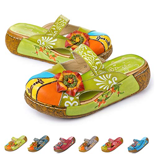 Women's Leather Slipper Ladies Summer Slip on Flat Sandals Vintage Colorful Flower Backless Loafer Shoe Green 8 B(M) US