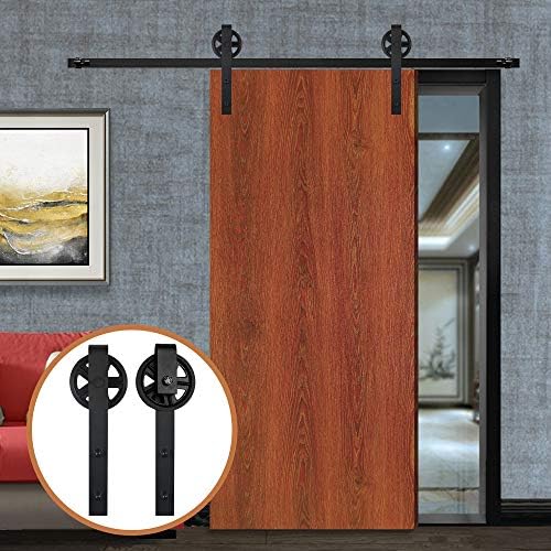 LWZH 9.6FT Sliding Barn Door Hardware Track Kit for Single Door Black J Shaped with Big Rollers (Each Door Wide 57.6")