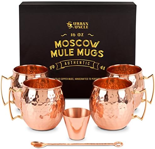 Gleaming Moscow Mule Copper Mugs Set of 4, 16 oz. Hammered Copper with Welded Brass Handles Plus Bonus Copper Shot Glass &amp; Copper Measuring Spoon for Stirring Plus Moscow Mule Recipe in Black Gift Box