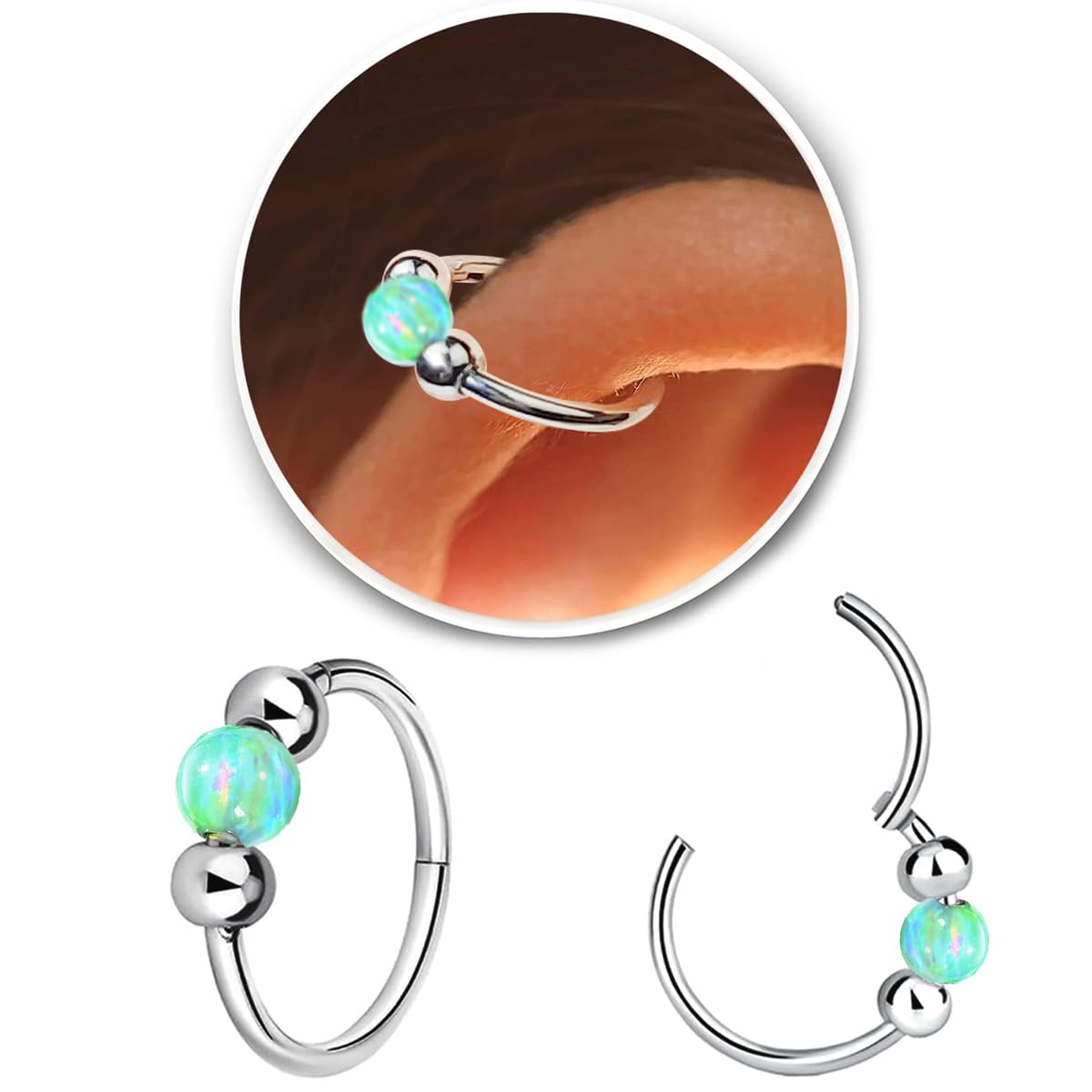 Photo 1 of 2 Pcs Small Cartilage Hoop Earrings for Women Men, 18G Opal Silver Earrings Hypoallergenic 316L Surgical Steel Hinge Huggie Hoop Earrings for Helix,Tragus,Conch,Rook,Earlobe Piercing Jewelry Nose Ring