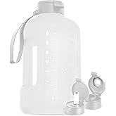 AQUAFIT 1 Gallon Water Bottle with Time Marker - Straw & Chug Lid - BPA Free Gym Water Bottle with Straw - Big Gallon Jug (Frosty, 128 oz - 2 Lids)