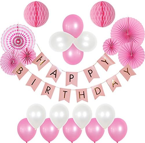 Party Decoration Favor Supplies Kit BCopter Tissue Pom Poms Paper Flowers Fan Ball Banner Lanterns Tassel Pink Cream Glitter Circle Garland Hanging Craft Set, Birthday Bridal Baby Showers Wedding