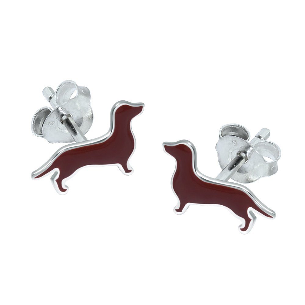 Dachshund Earrings .925 Sterling Silver Brown Sausage Dog