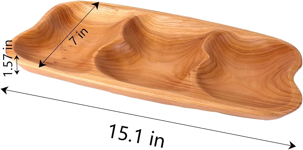  | Natural Root Wood Dish, Unique Handmade Wood Serving Tray, 3-Section Wooden Platter for Fruit Snack Bread Appetizer Display (15.1"x7"): Platters