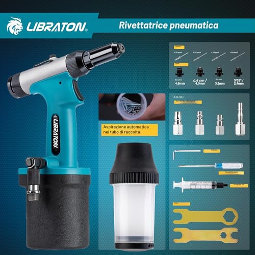 LIBRATON Pneumatic Riveter Kit, Heavy Duty Pneumatic Riveter Gu 2.4mm 3.2mm 4.0mm 4.8mm with 200c Rivet, Professional Auto Repair Tool, Suctio Design