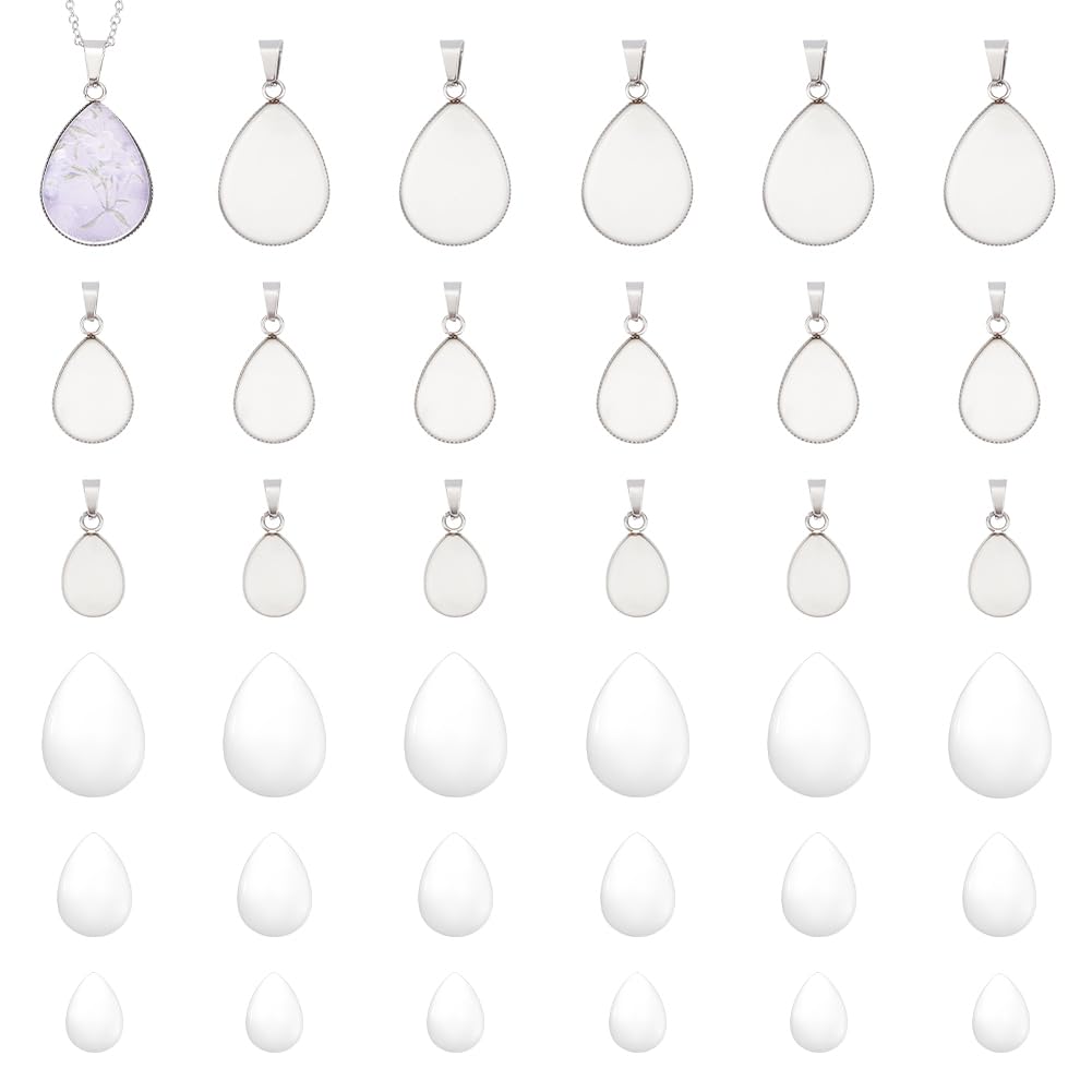 UNICRAFTALE 24 Sets 3 Sizes Stainless Steel Pendant Cabochon Teardrop Blank Bezel Pendant with Glass Cabochons Base Pendant Cabochon Settings for DIY Jewelry Making, 10/13/18mm