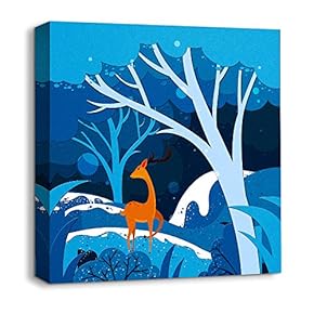 Canvas Wall Art Snow Deer Merry Christmas Painting Artwork for Home Prints Framed - 12x12 inches