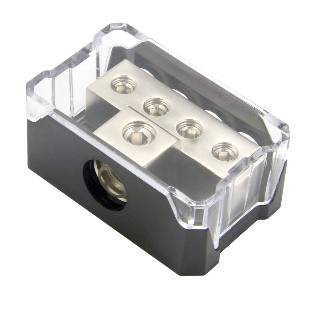 RKURCK 4 way Power Distribution Block, 0/2/4 AWG Gauge in, 4/8/10 Gauge Out, Car Audio Stereo Amp Distribution Connecting Block for Audio Splitter (1 in 4 Out)