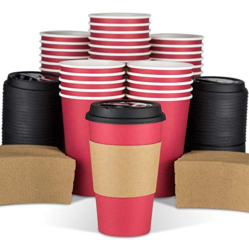 Glowcoast Disposable Coffee Cups With Lids - 16 oz To Go Coffee Cup (90 Pack). Large Travel Cups Hold Shape With Hot and Cold Drinks, No Leaks! Paper Cups with Insulated Sleeves Protect Fingers!