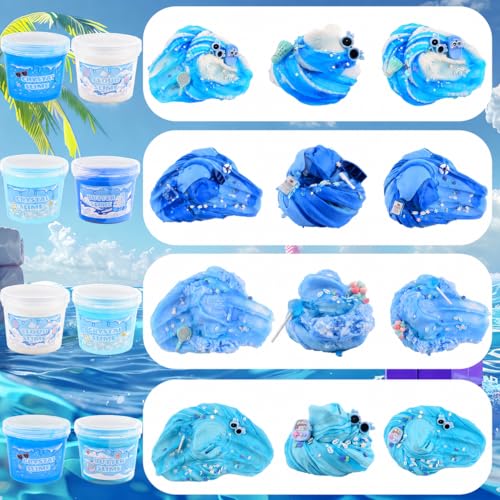 Petyuioyu Slime Set of 6 for Children, 6 x 60 ml Blue Slime Toy with Cloud Slime, Butter Slime & Clear Slime, 12 Accessories & 6 Decorative Bags, Soft, Stretchy, DIY Gift for Boys and Girls