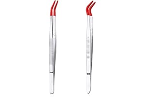 2pcs Bent Tweezers with Rubber Tips, Curved Tip Tweezers Stainless Steel Gem Stamp Tweezers Non-Slip Long Crafting Tweezers T