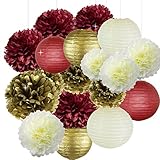Bridal Shower Christmas Xmas Decorations 18pcs Burgundy Cream Gold Birthday Decorations Tissue Paper Pom Pom and Paper Lanterns Photo Backdrop Wedding/Bachelorette Party Decorations