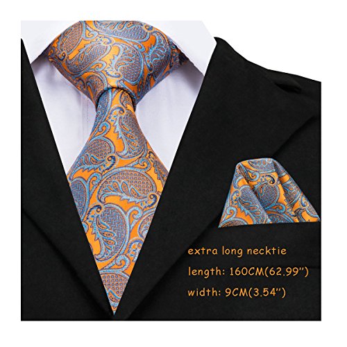 Dubulle Orange Paisely Mens Extra Long Tie for Big and Tall with Pocket Square Handkerchief Hanky - Thumbnail 5
