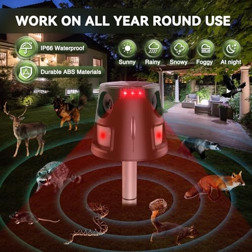 Ahuyentador de gatos ultrasónico solar, para jardín, impermeable, 5 modos, ajustable, carga solar, 360°, eficaz para gatos, perros, pájaros, ratones