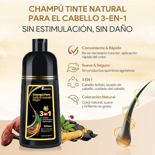 Black Hair Dye Shampoo 3 in 1, Shampoo para Canas con Tinte, Champú para Teñir el Cabello Negro, Champú Tinte Cubre Canas para Mujer y Hombres (500ML)