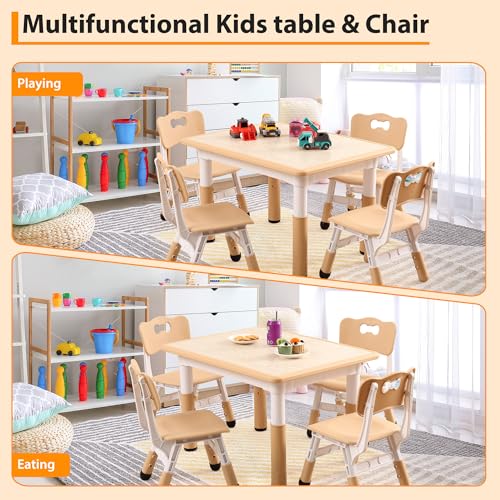 Garvee Kids Table and 4 Chairs Set, 5-Piece Height Adjustable Toddler Table with Graffiti Wipe-Clean Desktop, Non-Slip Legs & Storage Organizer, Preschool Activity Desk for Ages 2-6