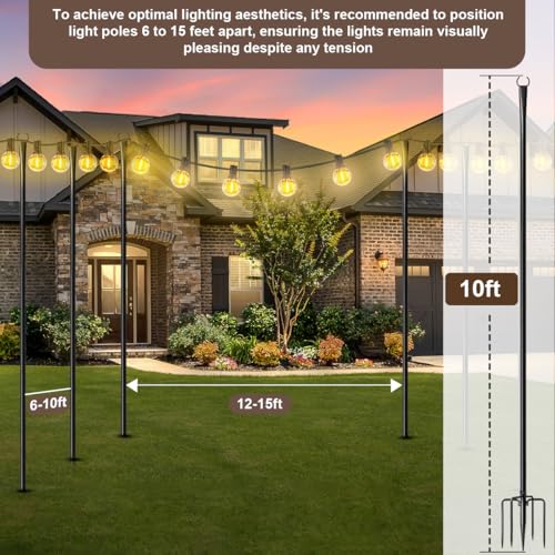 MuliVid 6 Pack 9FT String Light Poles for Outdoor,Metal Lights Hanging Pole Outside with Fork,Light Stand for Patio, Pergola, Garden, Backyard, Yard, Camping Party
