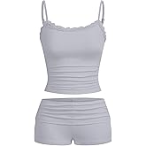 Hilinker Womens Sexy Pajama Set 2 Piece Lace Trim Cami Crop Tops and Ruched Shorts Summer Cute Pjs