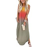 FANDEE Women's Casual Summer Loose Sunresses Long Dresses Sleeveless Split Maxi Beach Dress with Pockets