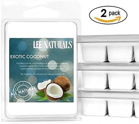 Lee Naturals Spring &amp; Summer - (2 Pack) EXOTIC COCONUT Premium All Natural 6-Piece Soy Wax Melts. Hand Poured Naturally Strong Scented Soy Wax Candle Cubes