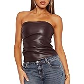 Women Soft Leather Tube Top Vest Sexy Ruched Strapless Bandeau Crop Top Asymmetrical Club Party Rave Corset Top T-Shirt
